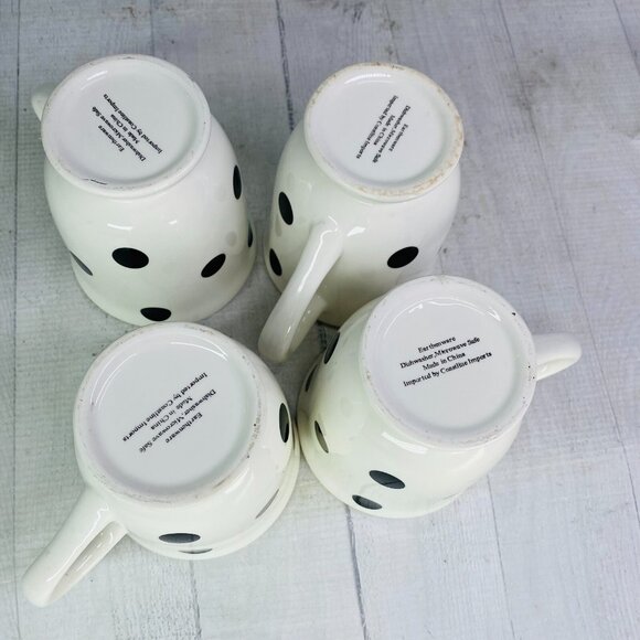 Coastline Imports White Black Polka Dots Earthenware Footed 15oz Cups Mugs Set 4 - Picture 8 of 16